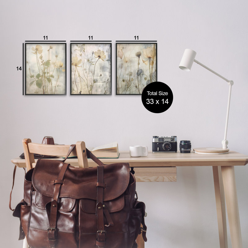  «Soft Blooming Botanicals», ensemble de 3 giclées par lettres et lignes, H 14 po x l 11 po, Giclée encadrée noir minuit