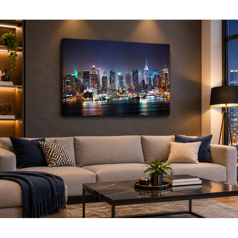 Manhattan Night Lights New York City Skyline Wrapped Canvas Wall Art, 91.4cm H x 137.2cm W