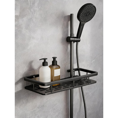 Tablette de douche noire adhésive, panier de rangement mural sans trou pour la salle de bain avec trous de drainage, organisateur en acier inoxydable antirouille pour les essentiels de la douche