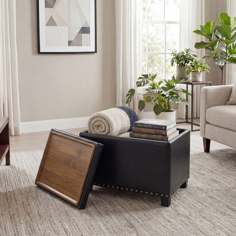 22" Upholstered Storage Ottoman With Reversible Tray Top, Black Faux Leather