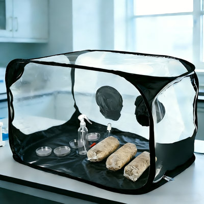 Still Air Box Mushroom Grow Tent 38 x 20 x 25 in, Pop-Up Clear Workstation with Zipper, Black Plastic for Home Mycology
