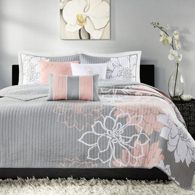 Courtepointe 6 pièces, gris / pêche, double / grand, coton imprimé, luxe réversible, coussin en coton brodé, floral, revers uni, coussins décoratifs, facile d'entretien