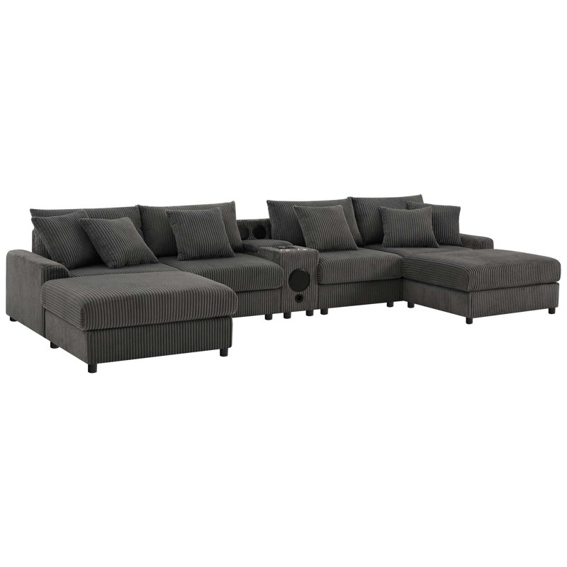 Canapé modulaire 144 * 64 po en velours côtelé avec haut-parleurs Bluetooth, canapé en U avec console, chargeur USB, porte-gobelets, rangement, repose-pieds, canapé à sièges profonds et larges pour salon et appartement