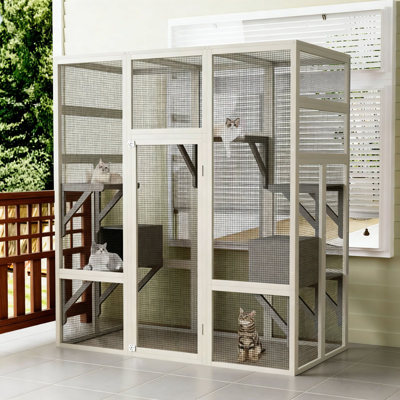 Abri pour chat 70 po avec abri de chat pour fenêtre avec toit en PC imperméable, 5 plateformes et 2 boîtes de repos pour la terrasse, la cour