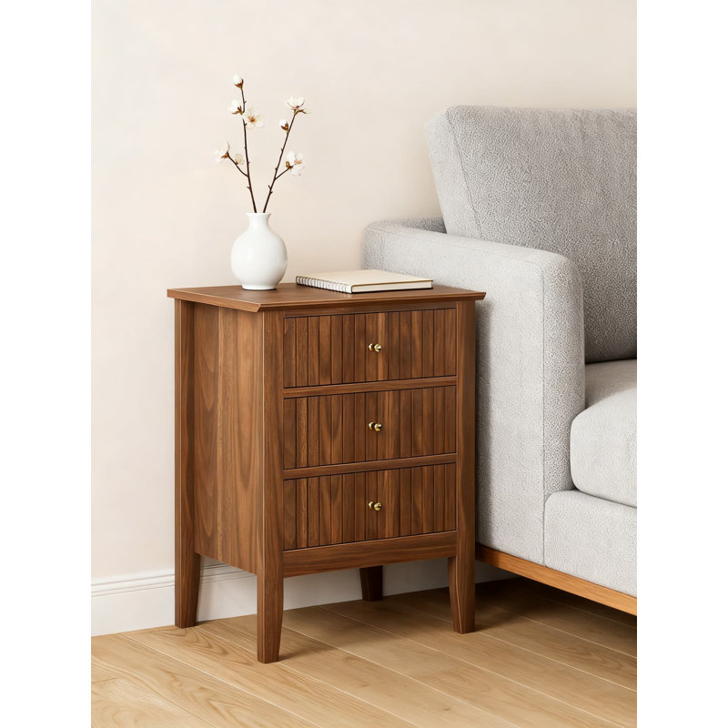Table de chevet cannelée à 3 tiroirs, table de chevet moderne de style Mid-Century avec beaucoup de rangement, table d'appoint en bois robuste pour la chambre à coucher et le salon