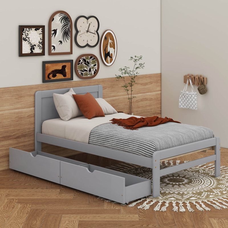 Base de lit plateforme avec 2 tiroirs de conception moderne, Gris