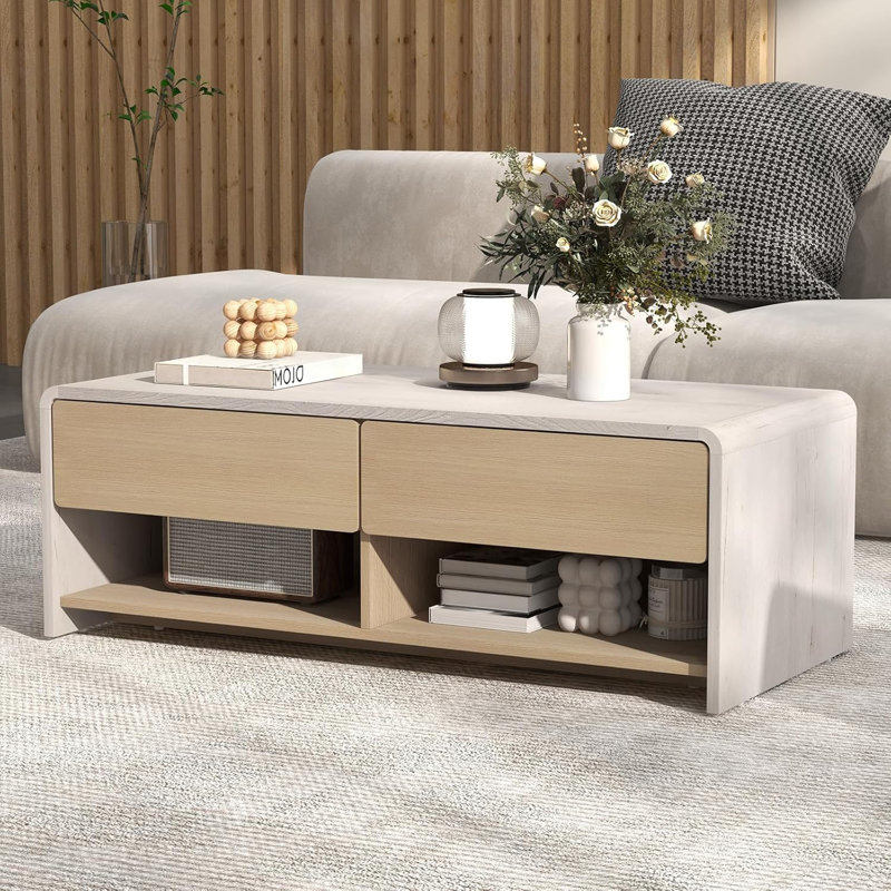 Table basse moderne avec tiroirs de rangement, table basse rectangulaire en bois avec 2 compartiments pour le salon