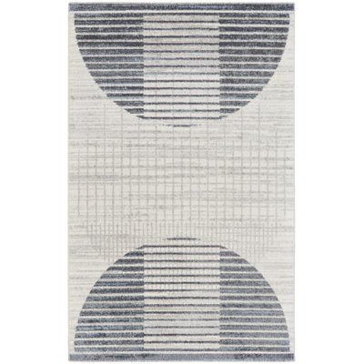 Aulika Machine Washable Geometric Ivory Blue Area Rug