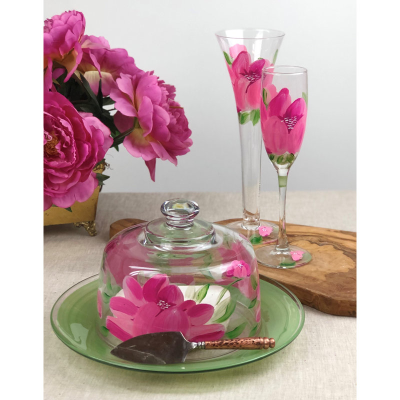 Hand Painted Pink Peony Glass Flute Set