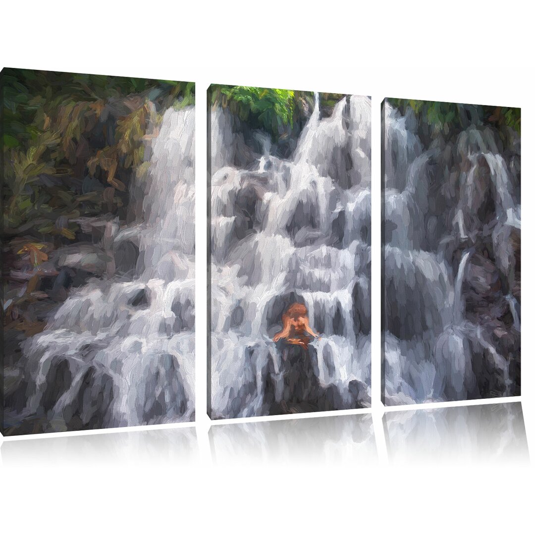 3-tlg. Leinwandbilder-Set „Ruhe und Yoga am Wasserfall Kanto Lampo in Bali“, Grafikdruck