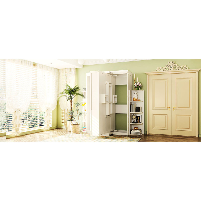 Lit pivotant Queen Size avec armoire murale dissimulée, deux étagères à 3 niveaux, espace de travail convertible, idéal pour les petits espaces, bureau d'appoint blanc, rangement supplémentaire, gain de place pour les espaces de vie et de bureau à domicile.