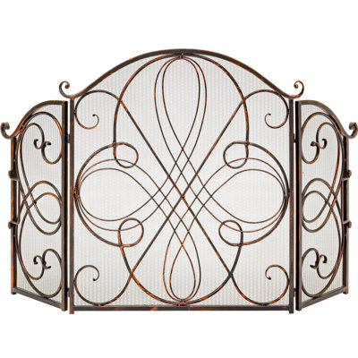 Lissowski 3-Panel 55"x33" Wrought Iron Fireplace Safety Screen Decorative Scroll Spark Guard Cover
