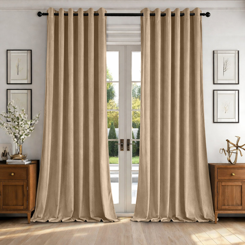 Alsey 100% Velvet Blackout Eyelet Ready Made Curtains & Drapes with matching Tie Backs, Beige, (117 Width X 137 Height) cm