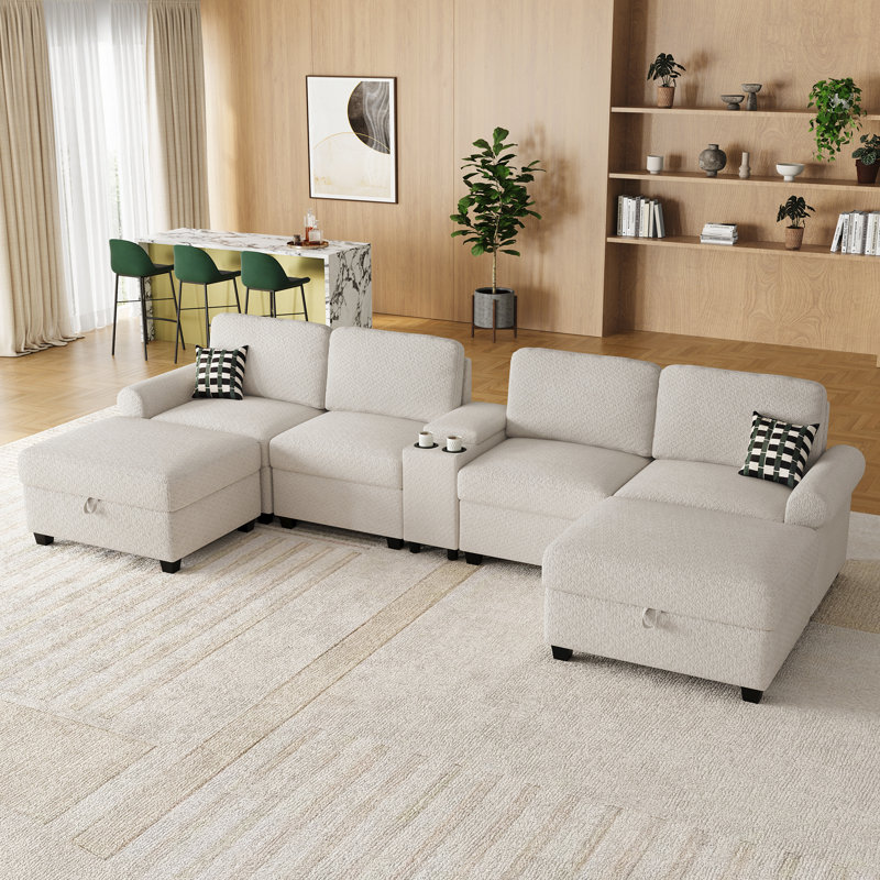 Canapé modulaire modulaire à 4 places avec porte-gobelet et rangement, ensemble de salon polyvalent, Beige Chenille