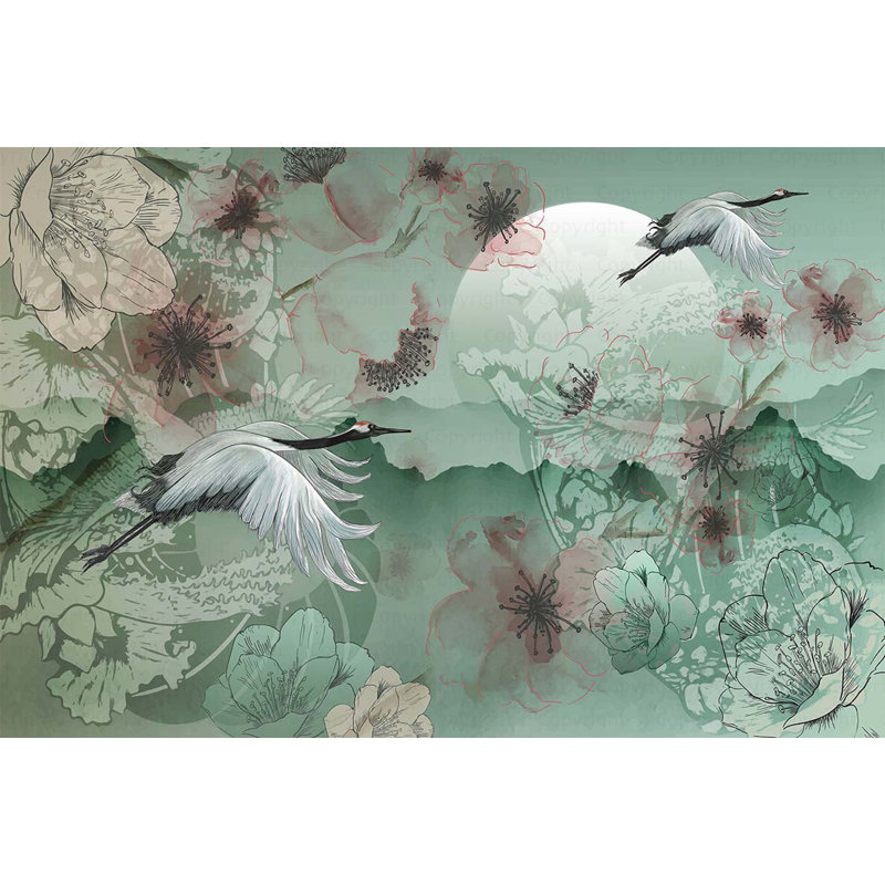 Papier peint Serene Cranes And Blossoms, L 110,04 po x l 163 po, Vert