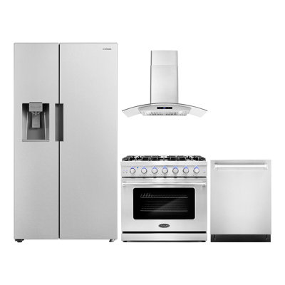 4 Piece Kitchen Package with Side by Side Refrigerator & 36" Freestanding Gas Range