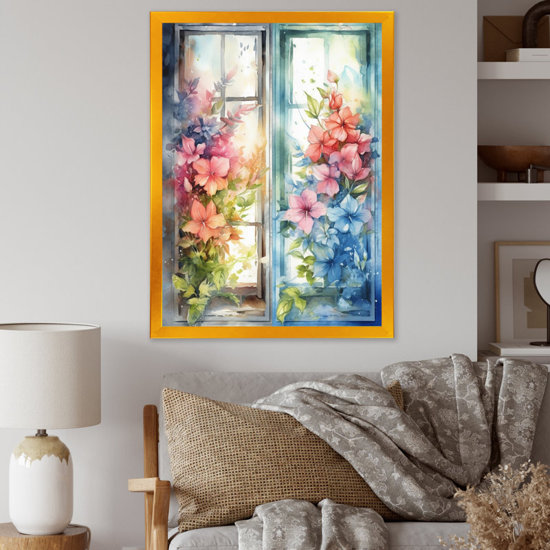Fenêtre de fleurs I - art mural fenêtre, H 20 po x l 12 po, Cadre doré