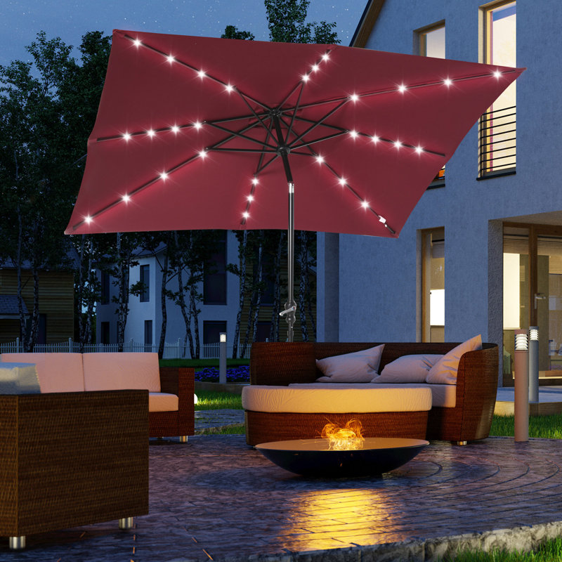 Red Solar LED Lighted Patio Umbrella with Black Frame
