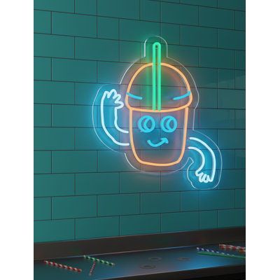  | Enseigne néon de boisson souriant | Fabriqué avec un tube néon flexible durable pour un éclairage lumineux et uniforme et une lueur durable sans scintillement ni dommages | 20 x 17 | Orange, vert, bleu