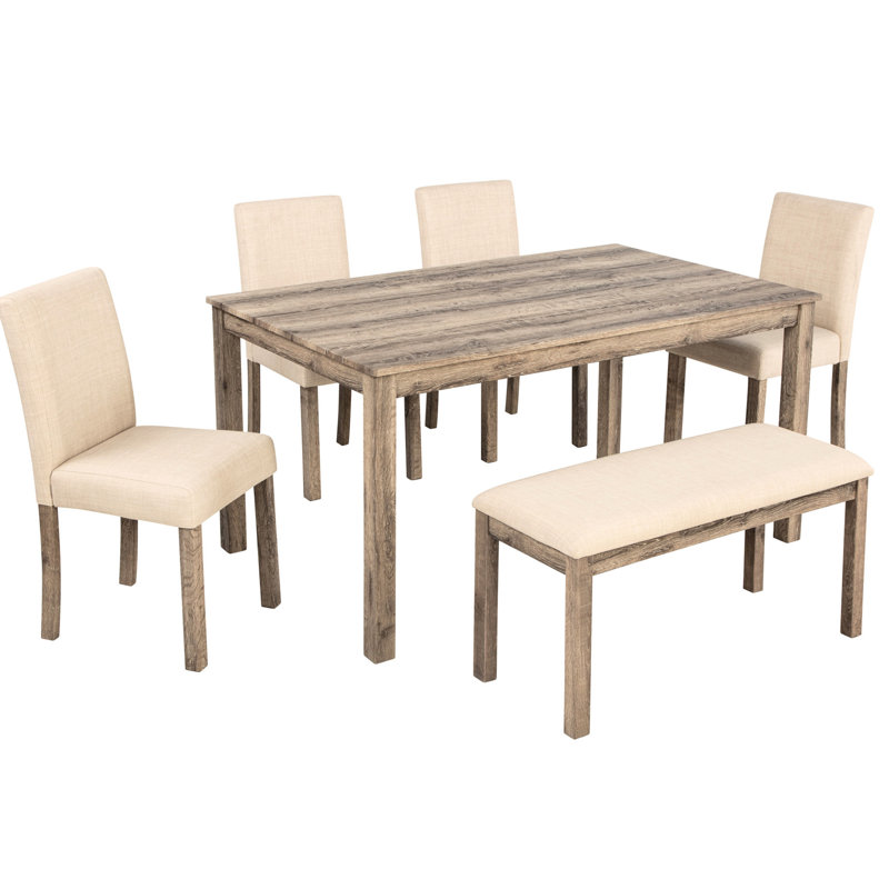 Table de salle à manger Brown 6 - aspect rustique avec table, banc, 4 chaises rembourrées, pieds en bois, cuisine de table et esthétique, structure, surface