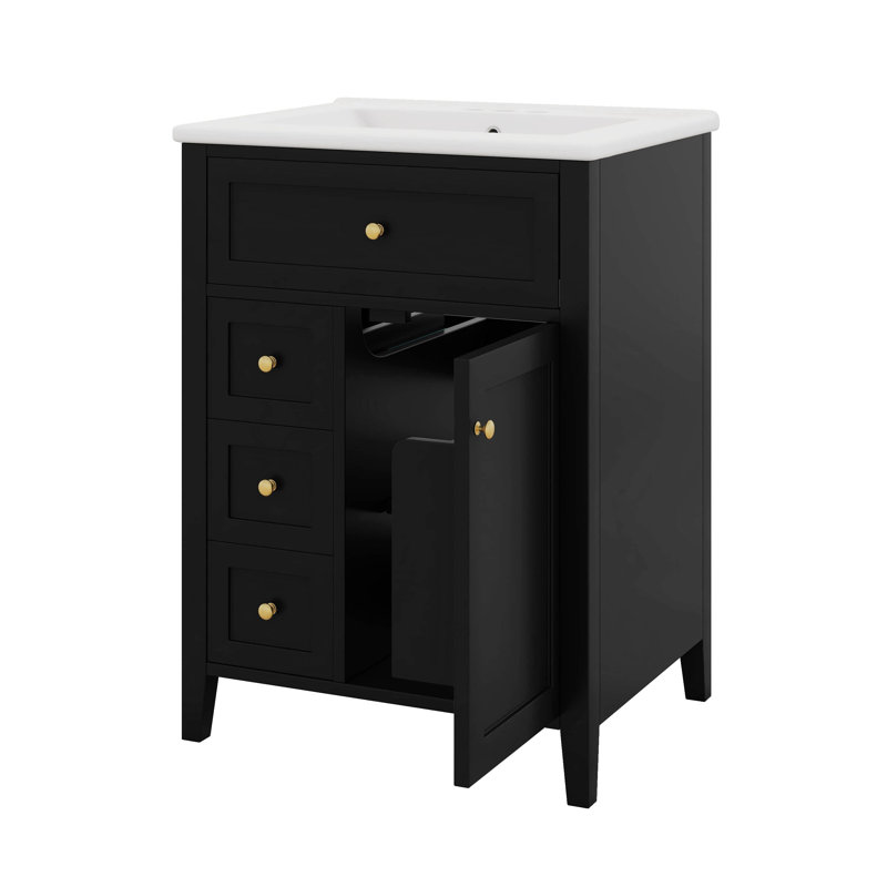 Meuble-lavabo 24 po avec lavabo, meuble-lavabo en bois massif avec tiroirs et tablettes réglables, petit meuble-lavabo, Noir