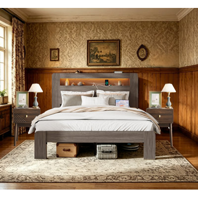 Ensemble de chambre à coucher pour grand lit 3 pièces, avec tête de lit à DEL avec rangement et 2 ports USB, sans bruit