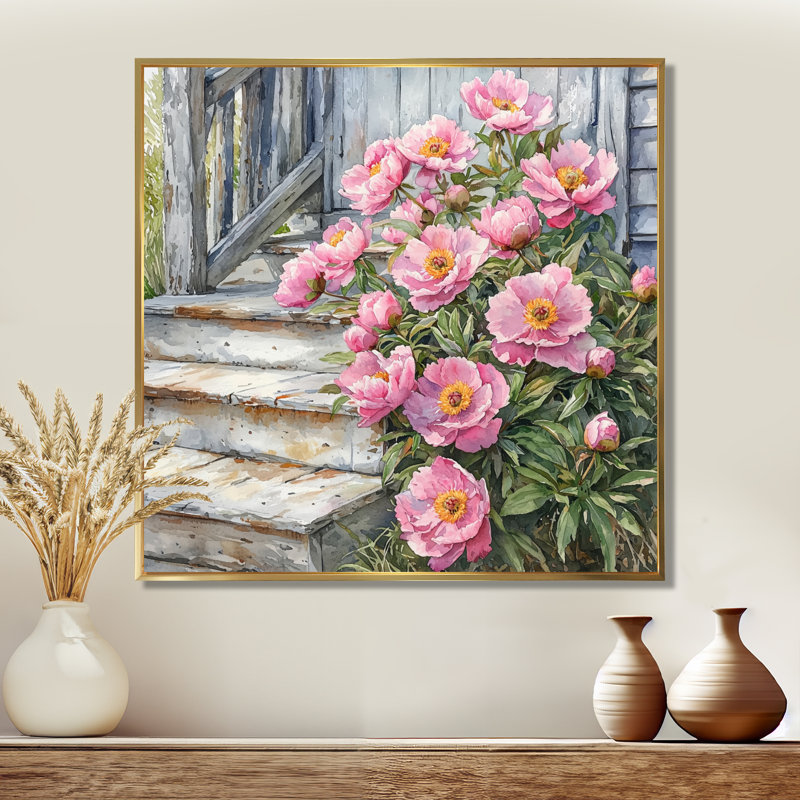 Criswell, pivoines roses par The Farmhouse Steps II - pivoines, art mural, Impression encadrée flottante, H 16 po x l 16 po