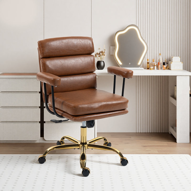 Faux Leather Home Office Desk Chair, Gold Base Vanity Chair with Wheels, Padded Seat and Armrests, Adjustable Height Swivel Executive Computer Chair, Brown