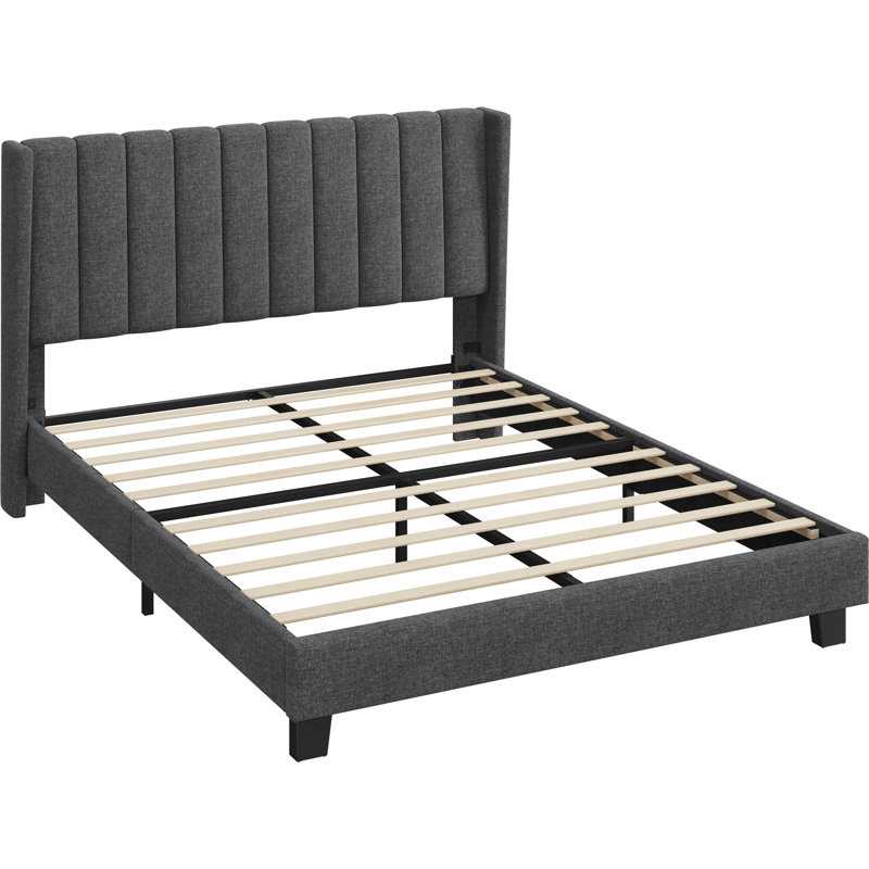 Upholstered Bed Frame with Channel Tufted Headboard, Dark Grey, Kingsize (5')