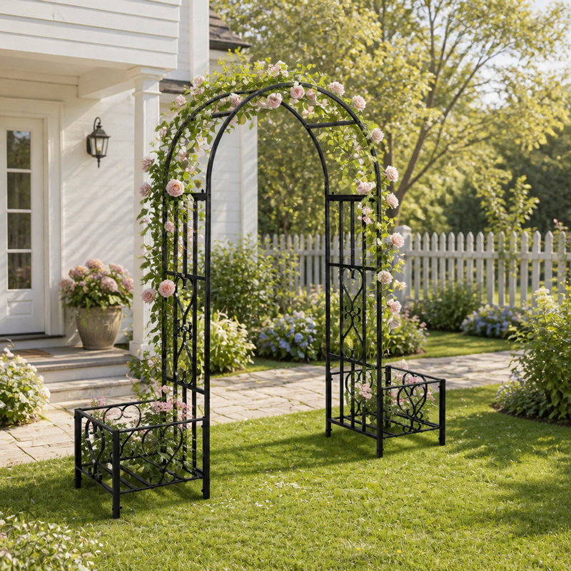 Tonnelle en acier pour jardin avec volutes en cœur et jardinières intégrées pour les mariages en plein air et les vignes grimpantes