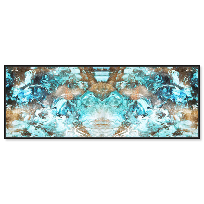 Décoration murale abstraite sur toile Blazing Blue Gold par Art Remedy, H 21 po x l 55 po, Cadre flottant noir