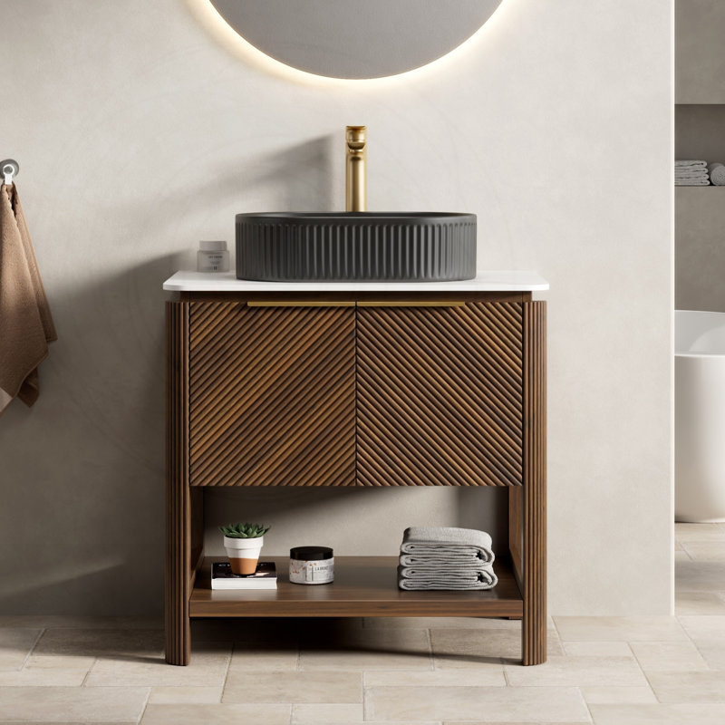 Meuble-lavabo de 30 po avec lavabo, comptoir en pierre frittée et lavabo ovale en céramique noire