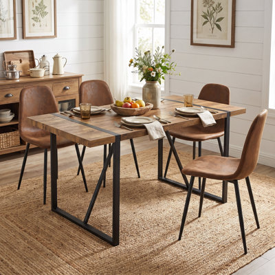 5-Piece Modern Rectangular Wood Dining Set with Geometric Metal Base and Upholstered Chairs