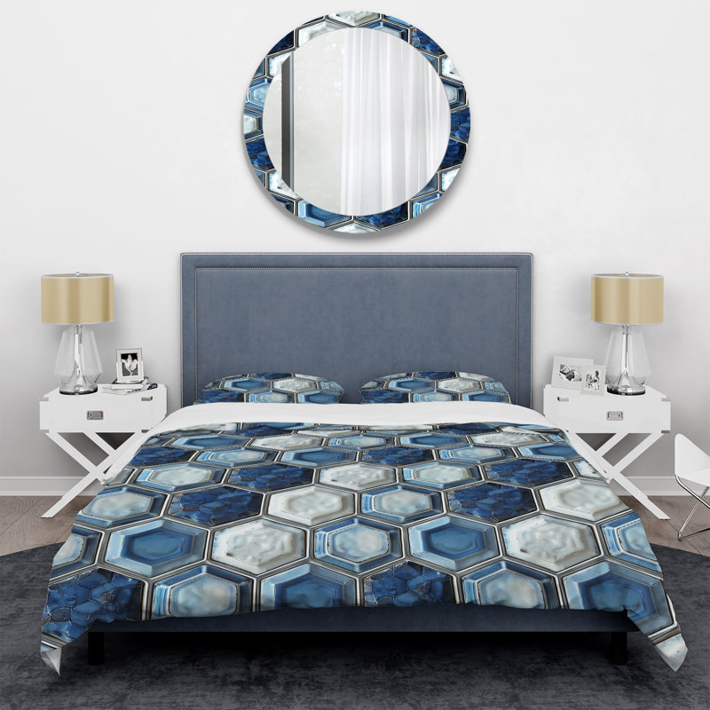 Ensemble de housse de couette moderne bleu et blanc à motif hexagonal V, Housse de couette très grand et 2 très grandes t