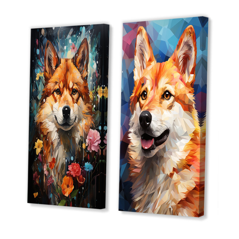 Popart Shiba Inu Spirit - Ensemble de 2 décorations murales chien, H 28 po x l 25 po, Toile tendue