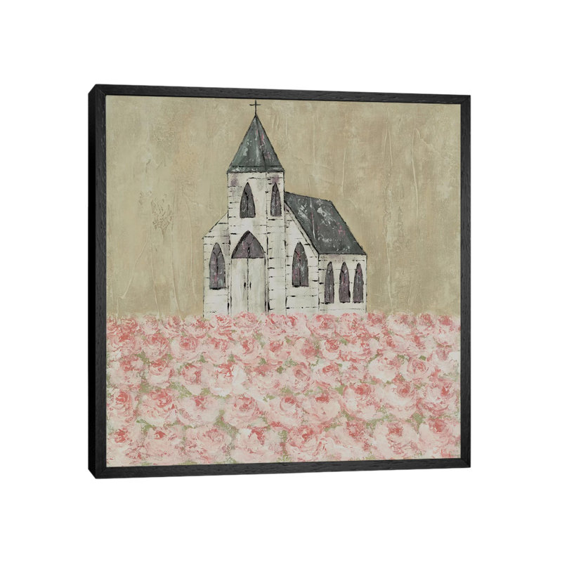 Church Peony Field by Ashley Bradley - Painting on Canvas, Black Framed, 93.98 cm H x 93.98 cm W