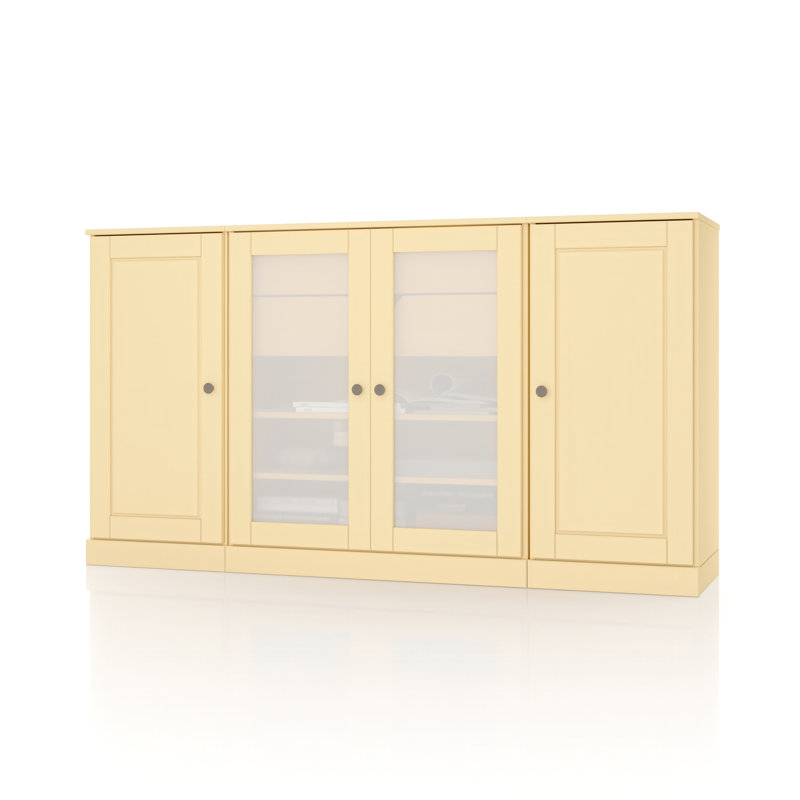 Buffet 100% bois massif 65 po avec portes en verre massif givré, 2 tiroirs et tablettes réglables, Jaune