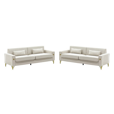FX-P18-BE-2PCS SOFA Ivory Beige Velvet Sofa Set,2 Piece Living Room Couch Set with Two Modern Sofas,Luxury Upholstered Furniture with Removable Seat Cushions,Comfortable Seating for Apartment Home