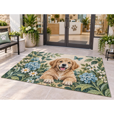 5' x 7' Outdoor Area Rug Golden Retriever Flower Garden Heavyweight Solid Waterproof PVC Coil Loop Carpet, Heavy Duty Patio Rug, Quick Dry Indoor Outdoor Mat for Porch Deck Balcony Entryway