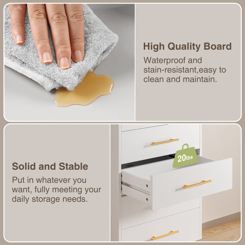 White 5-Drawer Dresser with Gold Handles and Deep Storage