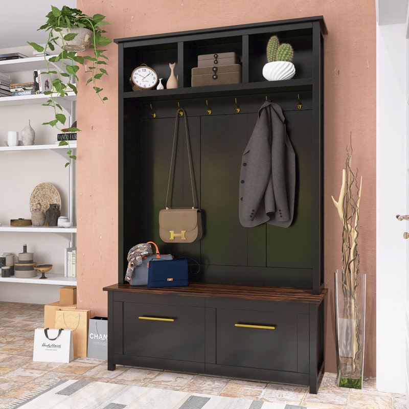 Farmhouse Hall Tree 47.2" Width X 76.6" Height With Shoe Bench And Coat Hooks, Black
