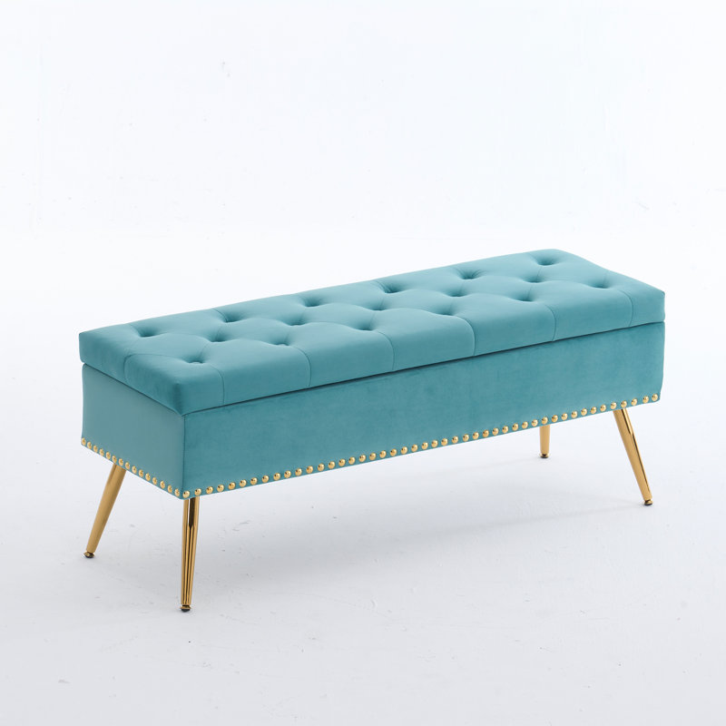 Banc repose-pieds en velours avec rangement, Sauge, H 18 po x l 46 po x P 15,5 po