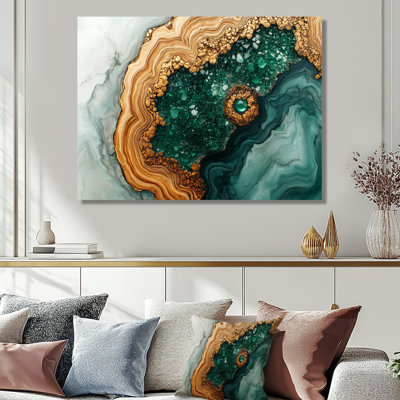 Abstract Emerald And Wood Slide River I - Traditional Metal Art Print, Stone Geode Metal Wall Art