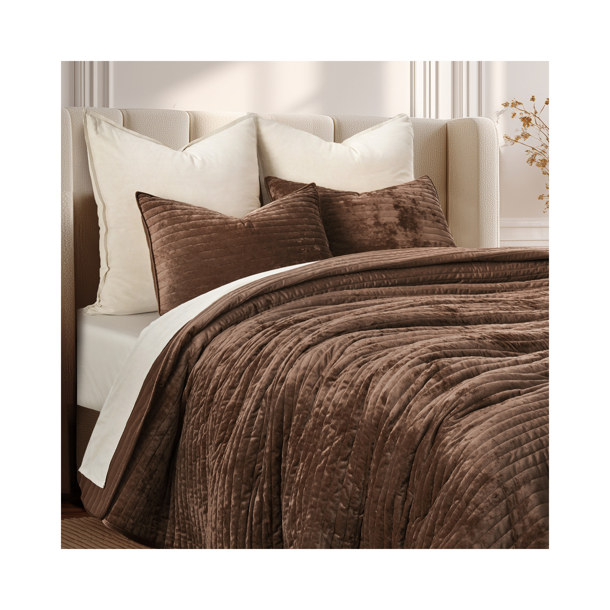 Striped Channel Velvet Quilt Set, Rust Brown, Queen