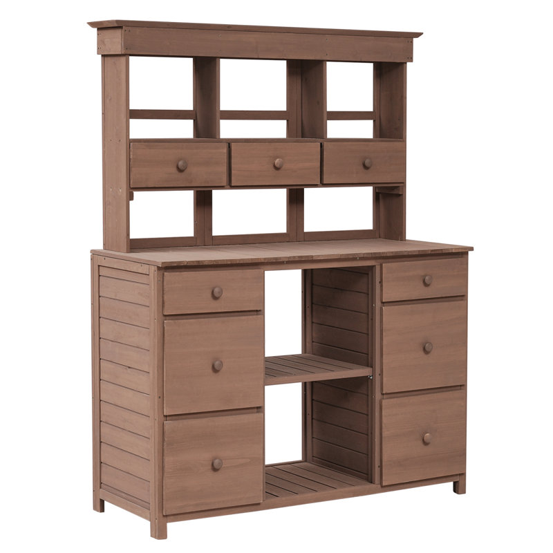 Garden Potting Bench Table, Rustic And Sleek Design With Multiple Drawers And Shelves For Storage, Brown