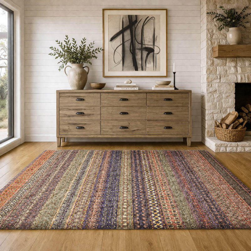 Premium Machine Washable Dream Shag ADS527 Striped Rug, 8' x 10', Paprika