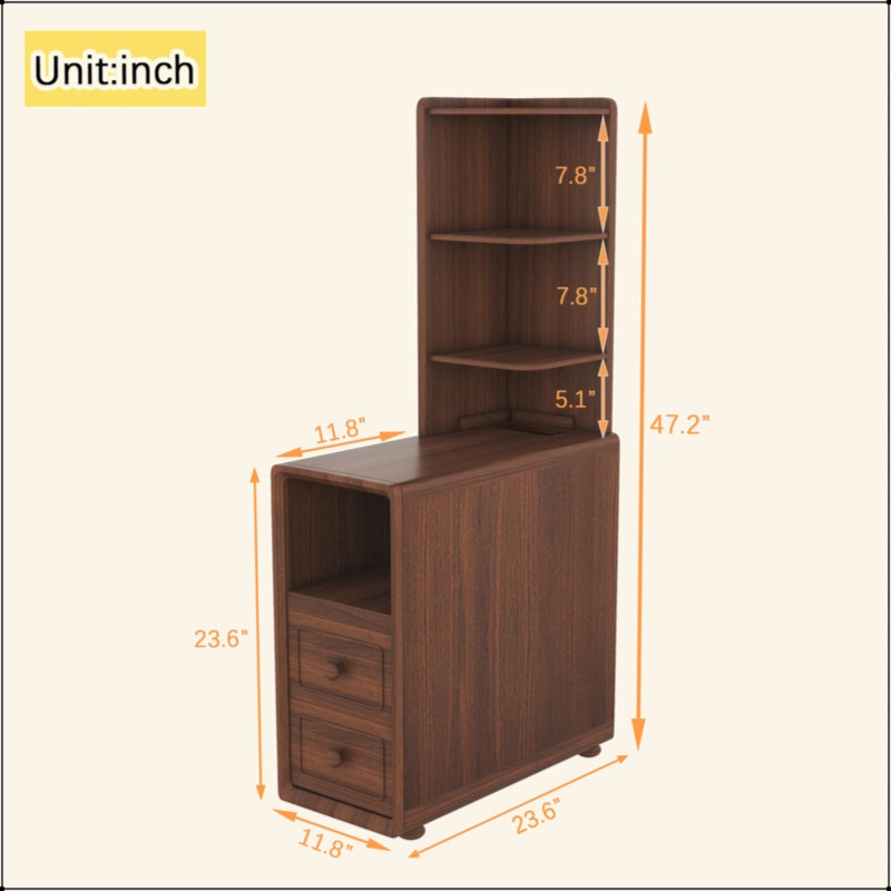Table de bout avec tiroirs, table de coin avec tablettes ouvertes, table d'appoint haute pour chambre à coucher et coin