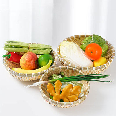Ensemble de 3 paniers en bambou, panier à pain en osier, panier de fruits 100% naturel tissé à la main, panier de service en forme de U plat et peu profond, empilable, 10 pouces, 11 pouces, 12 pouces