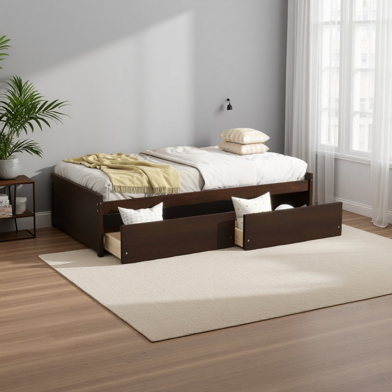 Lit simple avec 2 tiroirs, lit en bois d'hévéa massif, Espresso