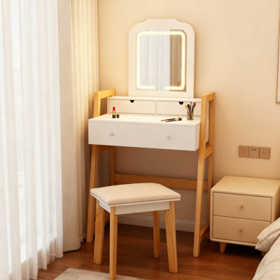 Vanity Desk Set with LED Mirror, Dressing Table and Stool with 3 Light Settings, Adjustable Height